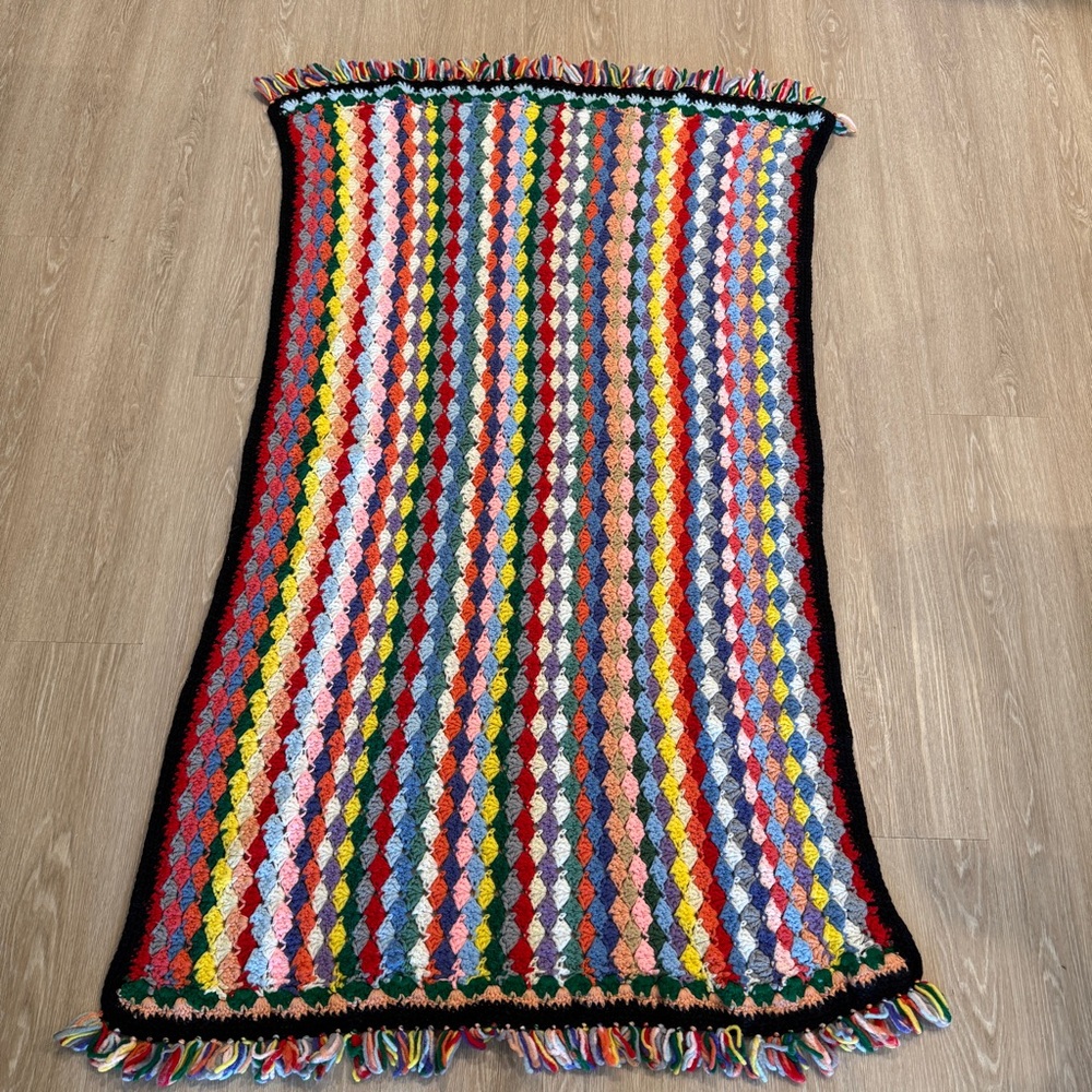 Vintage 55x38 Handmade Crochet Granny Blanket Rug Afghan Striped
